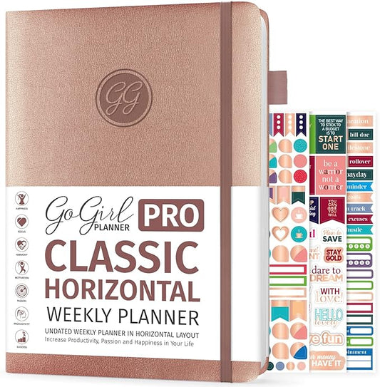 GoGirl Planner PRO - Undated Horizontal Layout Weekly Planner and Organizer + Budgeting and Expense Tracking Pages, Goals Journal & Agenda, 7" x 10" Hardcover, Lasts 1 Year - Rose Gold