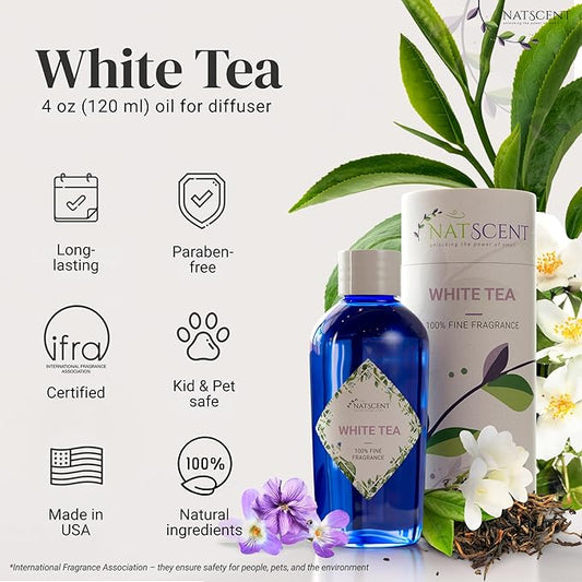 White Tea Essential Oils for Diffusers for Home, Nature-derived White Tea Diffuser Oil, Long-Lasting & Family-Friendly Diffuser Oils Scents, IFRA Certified, Cold Air & Ultrasonic - 4 oz