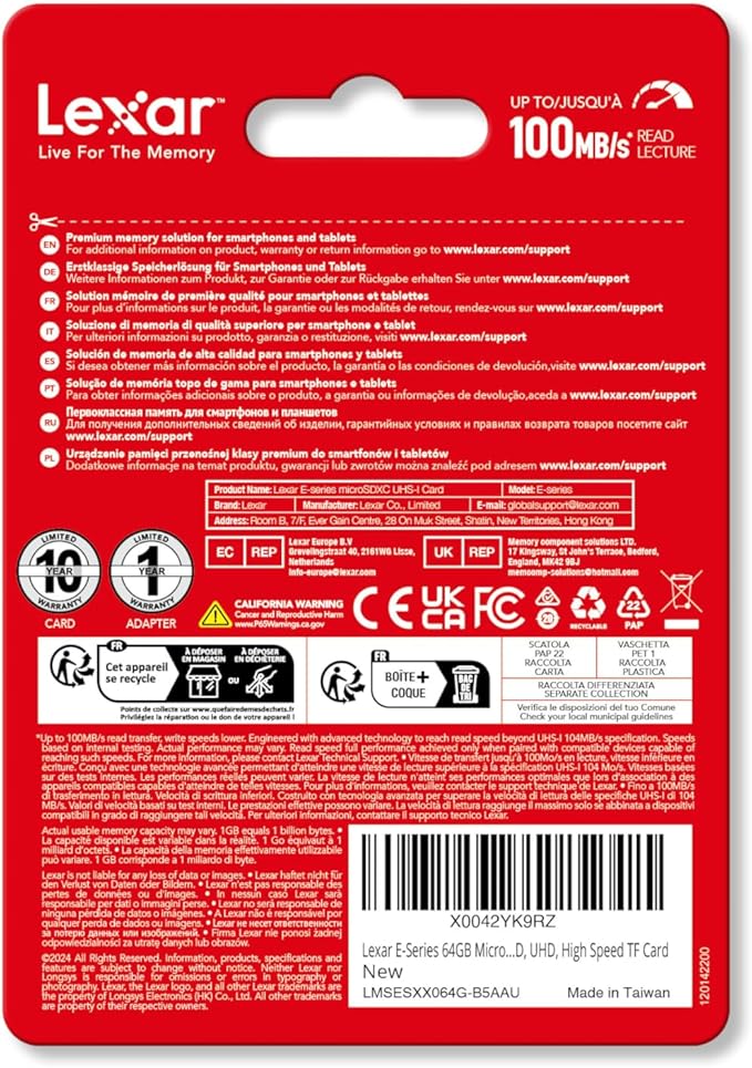 Lexar E-Series 64GB Micro SD Card 5 Pack, microSDXC UHS-I Flash Memory Card with Adapter, 100MB/s, C10, U3, A1, V30, Full HD, 4K UHD, High Speed TF Card