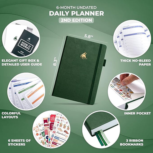 Clever Fox Daily Planner 2nd Edition – Undated Time Block Task Organizer with Hourly Schedule & To-do list – A5, 6 Months (Forest Green)