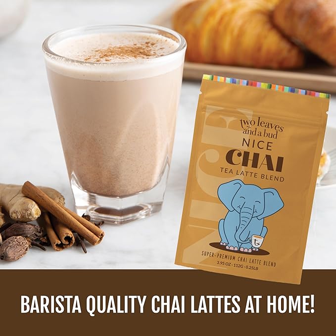 Two Leaves and a Bud Nice Chai Latte Mix, Powdered Chai Latte Tea Mix, Vegan, Dairy Free, Low Sugar, Iced or Hot Lattes | 1 Resealable Bag, 3.95 oz | 8 servings