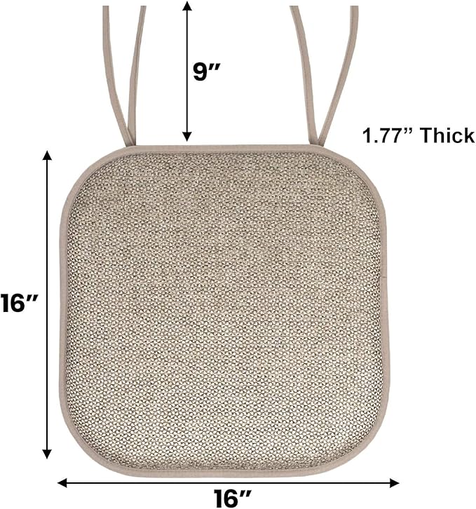 Sweet Home Collection Chair Cushion Memory Foam Pads with Ties Honeycomb Pattern Slip Non Skid Rubber Back Rounded Square 16" x 16" Seat Cover, 4 Pack, Cameron Beige Taupe