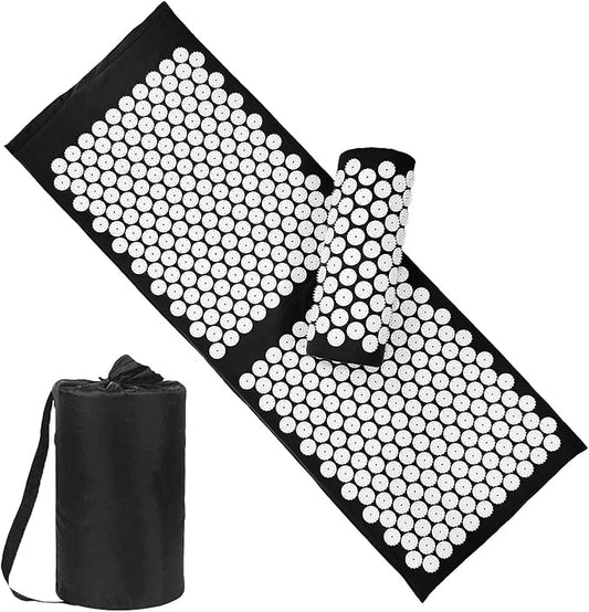 XiaoMaGe Acupressure Mat and Pillow Set with Bag - Extra Long Acupuncture Mat for Neck & Back Pain Relief- Naturally Relaxation Gift for Women - Stress Relief Massage Mat (Black)