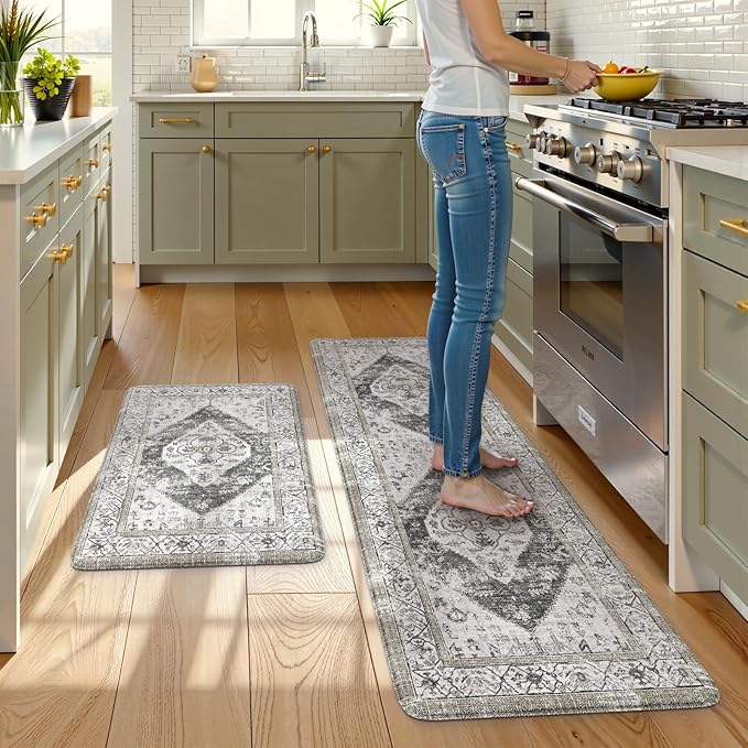 KIMODE Kitchen Mat for Floor Anti Fatigue Cushioned, 20"x59"+20"x32" Boho Oriental Kitchen Runner Rug, Non Skid Padded Kitchen Floor Mat, Comfort Standing Desk Mats for Laundry Office Sink Grey