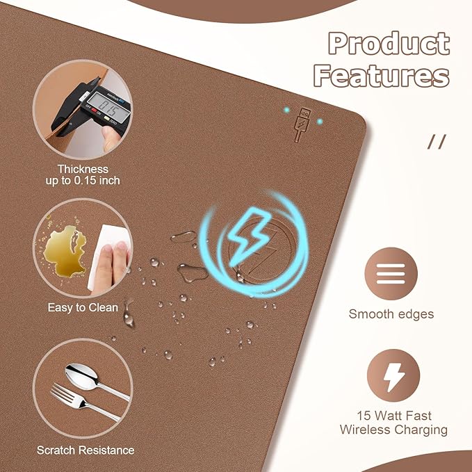Wireless Charging Mouse Pad Firelison 2 in 1 Leather Multifunctional Office Desk Pad with Non-Slip Rubber Base, Waterproof Desk pad for Computers/Office/Work/Home/Decor（ 36" x 17"Buff - R）