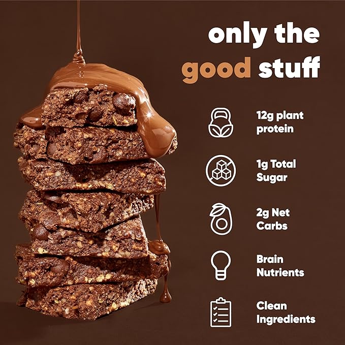 IQBAR Brain and Body Plant Protein Bars - Chocolate Sea Salt - 12-Count Low Carb - Gluten Free, High Fiber, Vegan Snacks - Low Sugar Meal Replacement