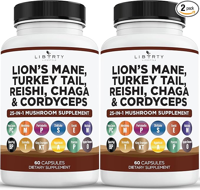 Lions Mane Mushroom Supplement with Turkey Tail Reishi Cordyceps Chaga with Marshmallow Root - 2-Pack