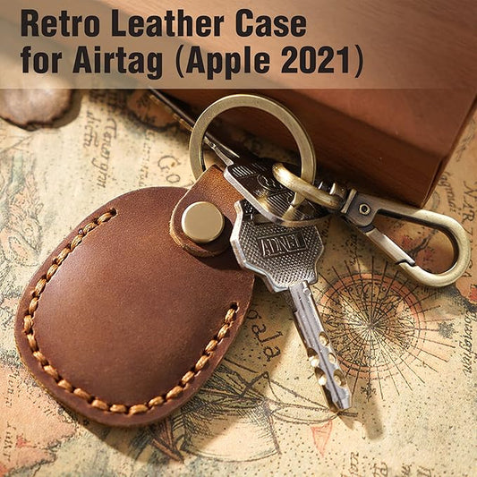 Genuine Leather Airtag Holder, Portable Air Tag Keychain with Key Rings Full Coverage Air Tags Hidden Case Cover Compatible for AirTags White