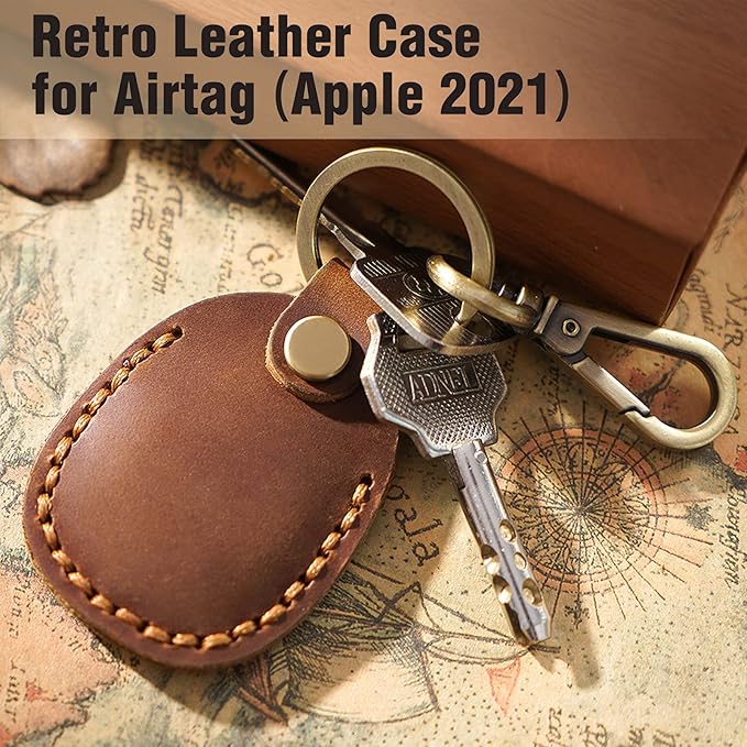 Genuine Leather Airtag Holder, Portable Air Tag Keychain with Key Rings Full Coverage Air Tags Hidden Case Cover Compatible for AirTags Bright Red