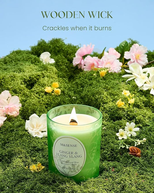 M&SENSE Wooden Wick Scented Candles, Ginger YlangYlang Candles, 100 Hours Slow Burning No Toxin Natural Soy Wax 18oz, Stress Relief Relax Romance Home Fragranfce, Gifts for Her Him
