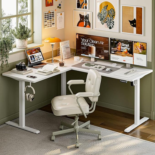Grandder L Shaped Standing Desk Adjustable Height, Electric Standing Corner Desk, 160 x 140 cm Sit Stand Computer Table with Splice Board, White