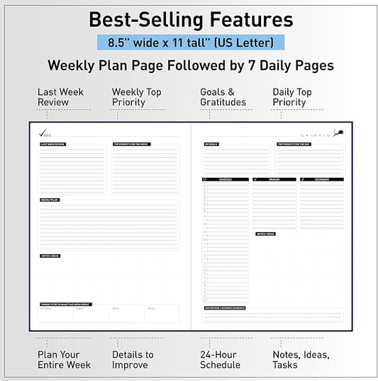 Day Planner - Professional Goal Planner, Calendar & Gratitude Journal to Increase Productivity, Time Management & Happiness - Vegan Leather Softcover, 24 Hourly Planner, Undated 6 Months Work Planner