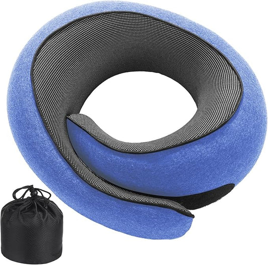 Badink® Neck Pillow Memory Foam with MagicStrap – Adjustable Ergonomic Travel Pillow for Office/Airplane/Car, Washable Cover, Portable Cervical Support（Klein Blue）