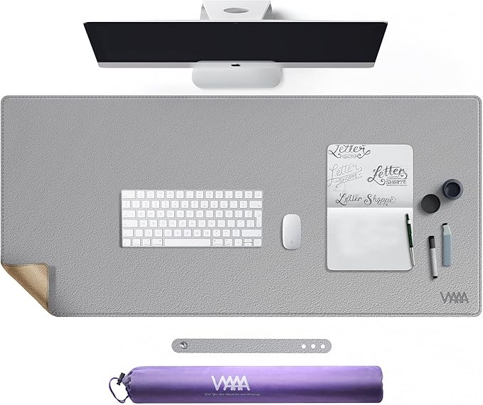 Vyaaa Cork & Leather Desk Mat, 43.3“ x 19.7” Dual Sided Leather Desk Pad, Waterproof Extra Large Desk Mat, Desk Mats on top of Desks for Home or Office (Grey)