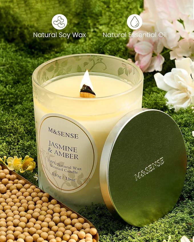 M&SENSE Jasmine Amber Scented Candle, Wooden Wick Candles with Lid, 100 Hours Slow Burning Natural Soy Wax 18oz, Stress Relief Relaxing Home Fragrance, Housewarming Gifts for Women Men