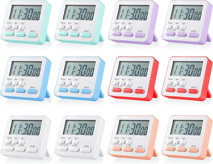 Weewooday 12 Pcs Digital Kitchen Magnetic Timer Bulk Classroom Count up Countdown Large Digits Egg Loud Alarm Cute Desk Stopwatch Timer for Teacher Kids Cooking Office
