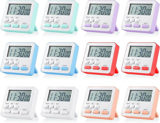 Weewooday 12 Pcs Digital Kitchen Magnetic Timer Bulk Classroom Count up Countdown Large Digits Egg Loud Alarm Cute Desk Stopwatch Timer for Teacher Kids Cooking Office