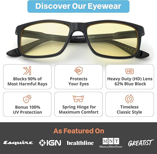 J+S Vision Blue Light Blocking Glasses for Men Women | Computer Gaming Work| Anti Strain Fatigue UV Glare | Medium-Small Fit