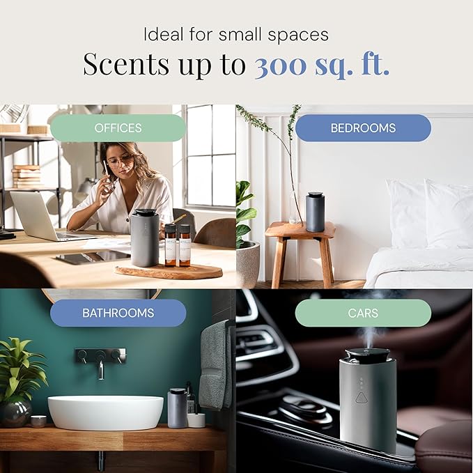 The Mini Essential Oil Diffuser for Home, Waterless & Smart Portable Diffuser for Essential Oils, USB-C & Rechargeable with Adjustable Settings, Covers 300 Sq. Ft., Black