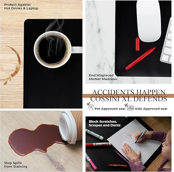 Cossini XL Desk Pad - Large Vegan Leather Desk Mat 17 x 36- Buttery Smooth Writing, Damage Blocking, Non-Slip, Waterproof - Home Office Computer Desk Protector Blotter Laptop Keyboard Mouse Pad