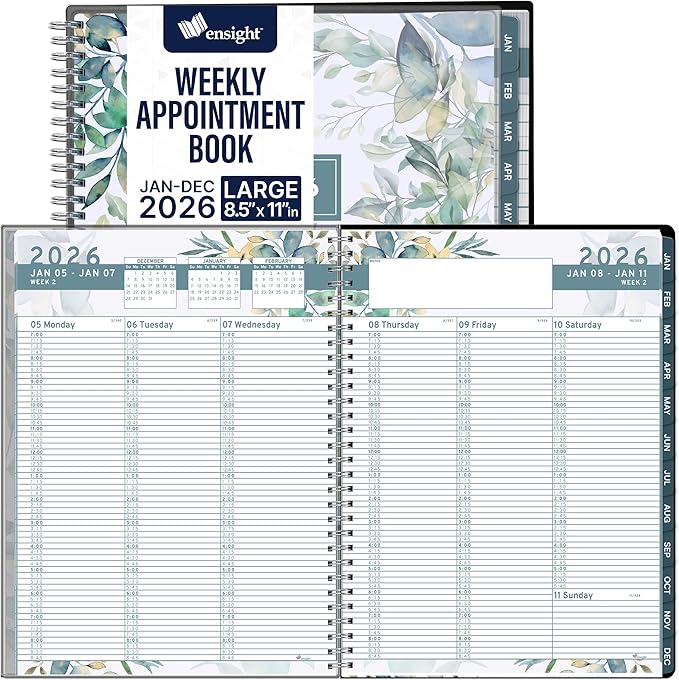 Ensight 2026 Appointment Book & Planner Ensight 8.5 x 11 inches Large Tabbed Daily Hourly Weekly Planner Schedule Book 15 Minute time Slots Business & Personal Planner Jan 2026 Dec 2026 Floral