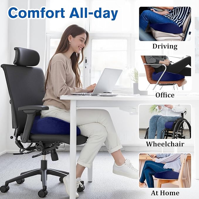 Seat Cushion, Gel Chair Cushions, Office Chair Cushions, Anti-Slip Bottom & Removable Cover Tailbone Pain Relief Cushion, Memory Foam Seat Cushion for Office, Wheelchair, Car (Blue)