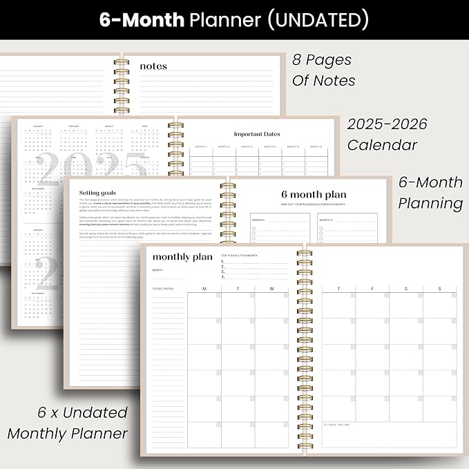 Large Daily Planner with Hourly Schedule, 8.5" x 11" Undated 6-Month Planner for Productivity, Full Page a Day, 2025-2026 Calendar, To Do List, Time Blocking, Beige Aesthetic Hardcover Spiral Notebook