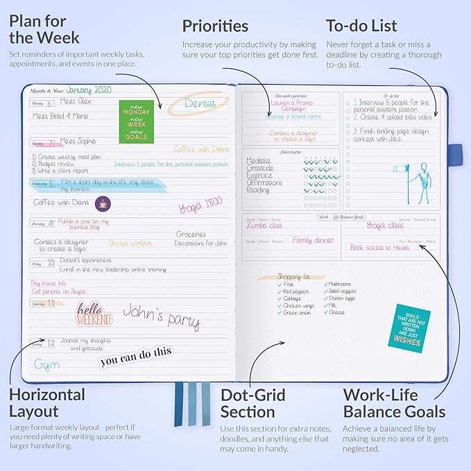 GoGirl Planner PRO - Undated Horizontal Layout Weekly Planner and Organizer + Budgeting and Expense Tracking Pages, Goals Journal & Agenda, 7" x 10" Hardcover, Lasts 1 Year - Blue