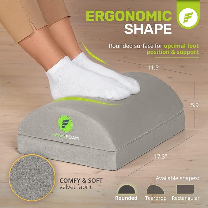 ErgoFoam Foot Rest for Under Desk at Work - Chiropractor Endorsed 2in1 Adjustable Premium Under Desk Footrest - Ergonomic Desk Foot Rest with High-Density Compression-Resistant Velvet Soft Foam (Grey)