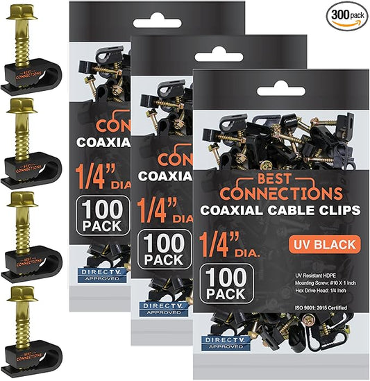 Coaxial Cable Clips With Pre-Inserted Screw (300 Pack) - Black Single Mounting Clamps for Coax (RG6, RG59) and Ethernet - Cord Fastener/Strain Relief Clip