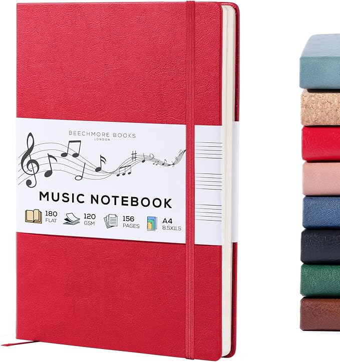 BEECHMORE BOOKS Blank Sheet Music Notebook – A4 8.5x11.5 for Songwriters, Musicians & Composers, 156 Thick 120gsm Pages, 10-Staff Perforated Sheets, Vegan Leather Hardcover, Elastic Closure, Gift Box