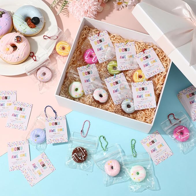 Wettarn 30 Sets Donut Stress Balls with Inspirational Support Card, Donut Relief Toy Thank You Gifts Employee Appreciation Gifts for Coworker Staff Teacher Classroom Rewards Party Favors