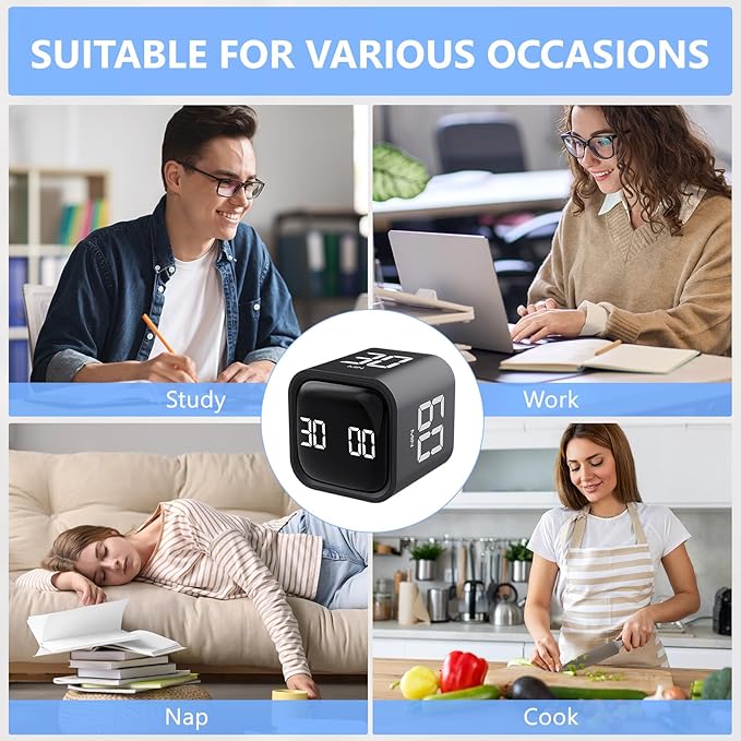 Digital Cube Productivity Timer - Rotating Pomodoro Timer with Gravireceptor 5-10-30-60 Min Custom Countdown, Vibration & Adjustable Volume for Learning Office Kitchen Desk, Black