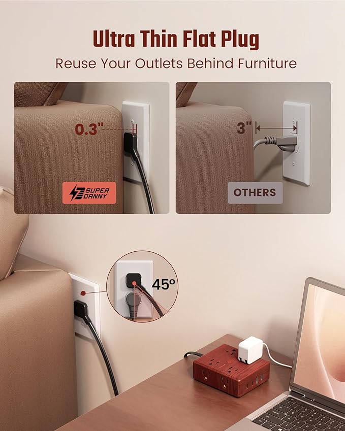 Brown Extension Cord 10Ft, Flat Plug Power Strip Surge Protector, 8 Outlet 4 USB Ports (2 USB C), Wall Mountable, Decorative Wood Charging Station for Home Office Desk Accessories —Walnut Wood