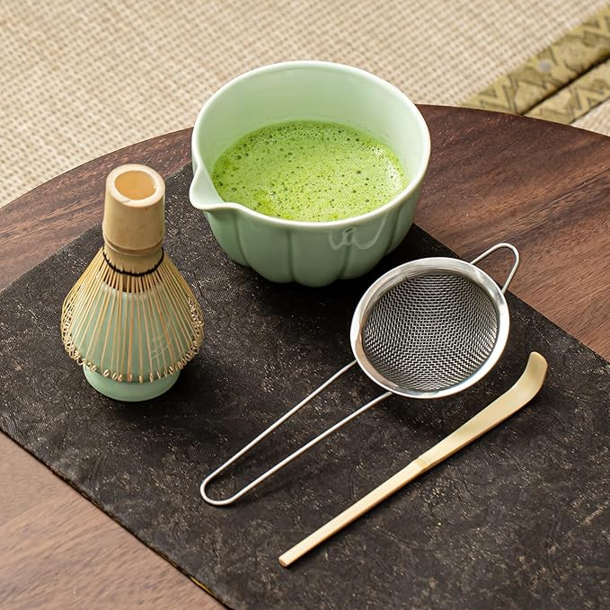Matcha Whisk Set, Matcha Set Includes Ceramic Matcha Bowl, Bamboo Whisk, Scoop, Chasen Holder, Sifter - 5 Pcs Perfect Matcha Kit for Macha Lover (Emerald Green)