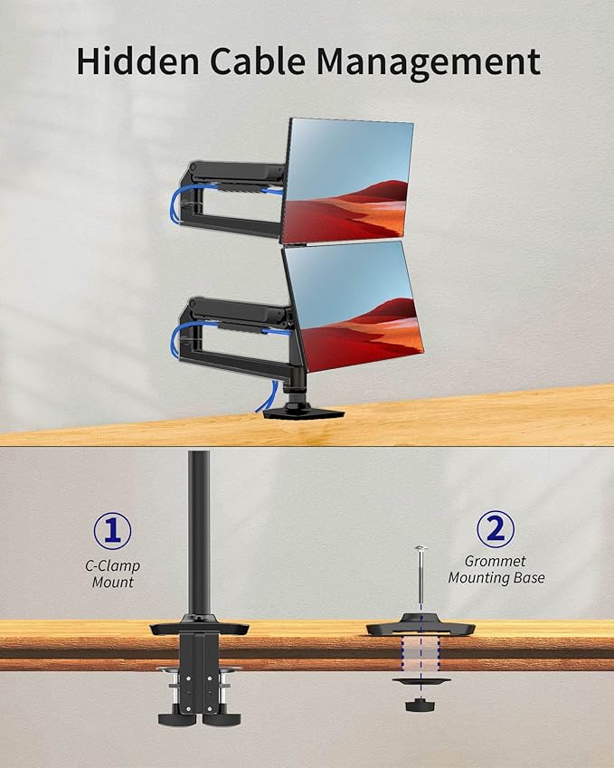 Dual Monitor Mount, Holds Screens up to 40 Inches and 25 lbs, Fully Adjustable Dual Monitor Arm with C-Clamp and Grommet Base, Aluminum, Black