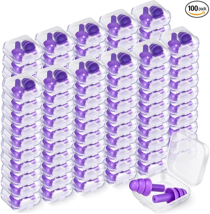 TrelaCo 100 Pairs Ear Plugs Bulk, NRR 29dB Reusable Silicone Ear Plugs with Plastic Cases Soft Foam for Sleeping Noise Cancelling for Concerts Shooting Swimming Noise Reduction(Purple)