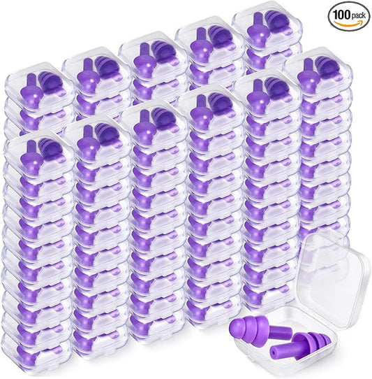 TrelaCo 100 Pairs Ear Plugs Bulk, NRR 29dB Reusable Silicone Ear Plugs with Plastic Cases Soft Foam for Sleeping Noise Cancelling for Concerts Shooting Swimming Noise Reduction(Purple)