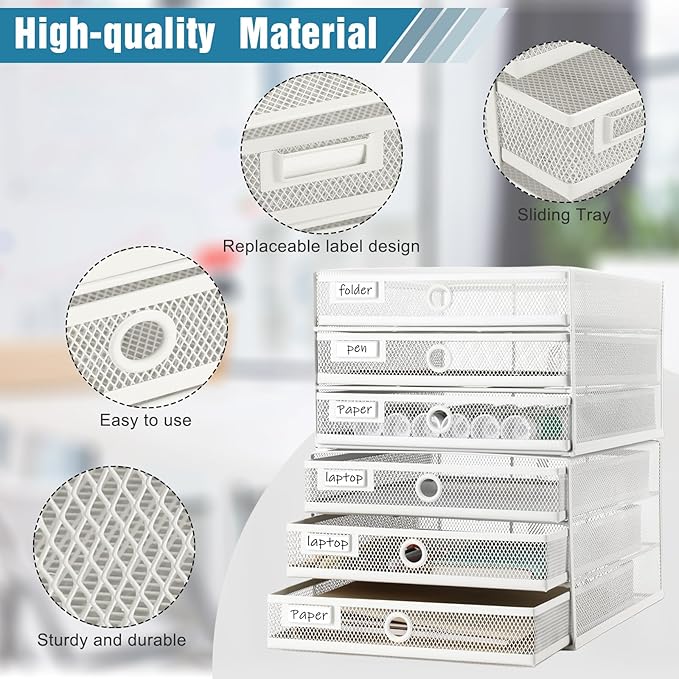 Zhanmai 2 Pcs Desk Organizer with Drawer Total 6 Tiers, Wire Mesh Organizers Tray Multifunctional Paper Sorter File Stand for Home Office Supplies Storage Letter A4 Paper Office Accessories(White)