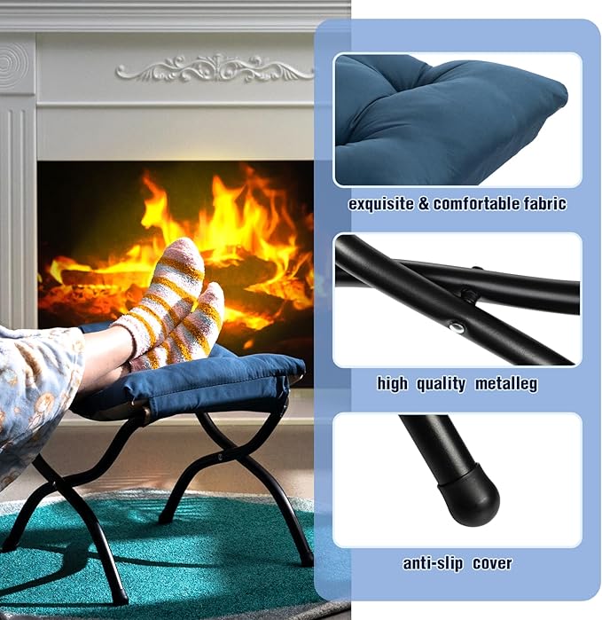 AbocoFur 15"(H) Folding Footrest Stool, Accent Padded Sofa Foot Stool for Lazy Chair, Upholstered Small Foldable Ottoman, Metal Frame Portable Foot Rest Ottoman for Living Room, Bedroom, Navy Blue