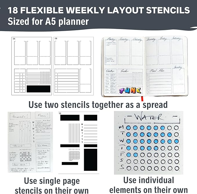 Weekly Planner Layout Journaling Supplies Kit (32 pcs) - 18 Weekly Layout A5 Planner Stencils and 14 Sheets Minimalist Planner Stickers, Planner Accessories Compatible with A5 Bullet Journals