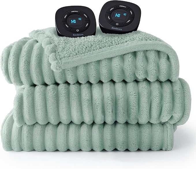 Bedsure Electric Blanket King Size - Thick Striped Flannel Electric Blanket with Dual Control, Heating with 10 Heat Settings & 10 Time Settings, 8 hrs Timer Auto Shut Off (90x100 inches, Green)