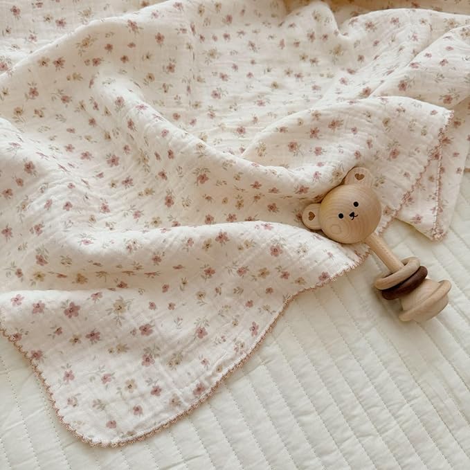 BuLuTu Muslin Cotton Girls Kids Toddler Blanket Pink Floral Blankets for Crib Toddler Bed Blankets Lightweight Children Nap Time Blanket for 1 2 3 4 5 6 Year Old Toddlers, 1 pc, 47"x51"
