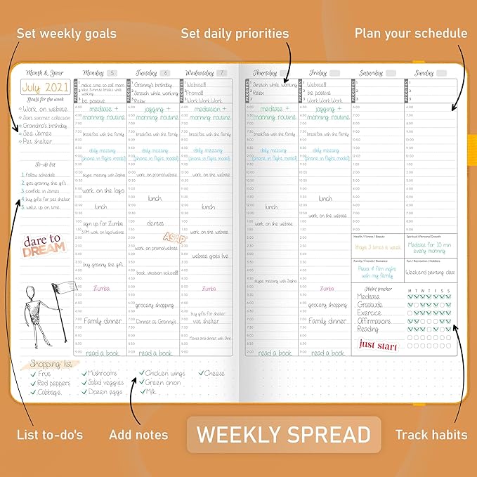 GoGirl Weekly Schedule Planner – Hourly Work & Life Planner with Time Slots – Vertical Agenda Organizer for Daily Productivity, A5 (Amber Yellow)