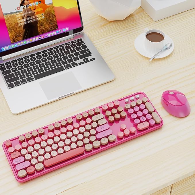 Wireless Keyboard and Mouse Combo, Retro Typewriter Keyboard with Round Keycaps, Full-Size Ergonomic, Red, Ideal for Windows PC, Home, Office, and College, Wireless Keyboard Mouse Combo