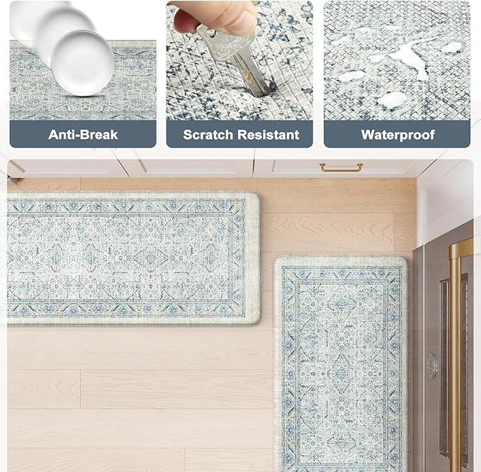 KIMODE Anti Fatigue Kitchen Mats for Floor, Boho Vintage Kitchen Rugs Sets of 2, Cushioned Kitchen Floor Mats Non Slip, Comfort Rugs for Kitchen Floor, Sink, Laundry, Desk Blue 17"x47"+17"x29"