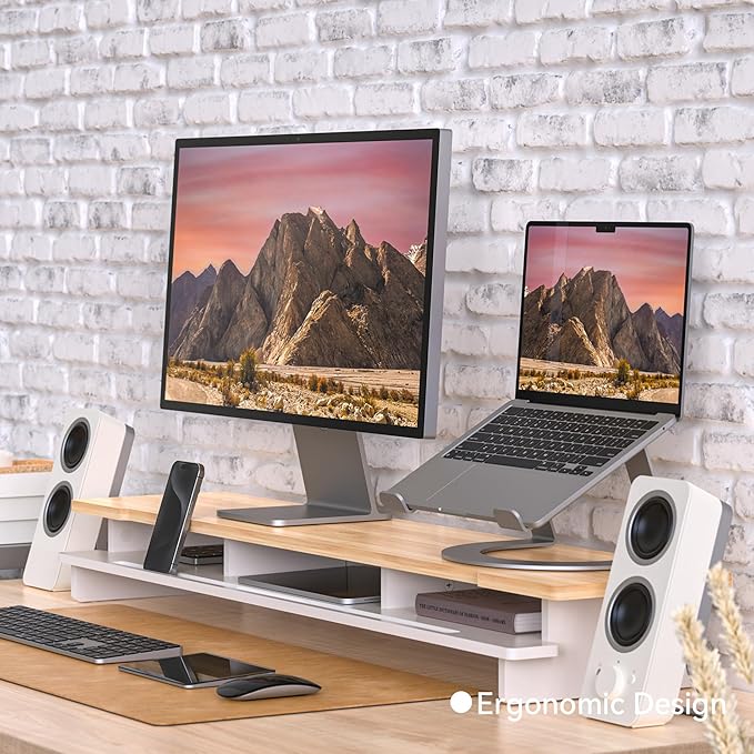 Monitor Stand Dual Monitor Stand Riser for Desk,Wood Desk Shelf Storage Organizer with Phone Tablet Holder (42.5 Inch, White & Natural Bamboo)