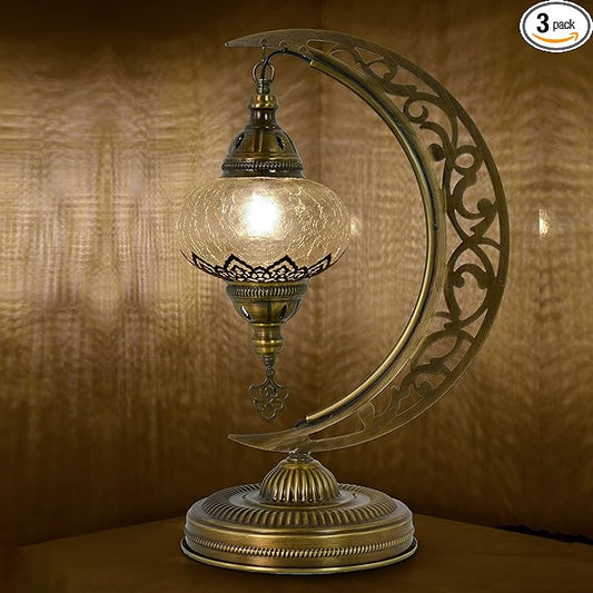 mozaist Turkish Clear Glass Moon Shape Table Lamp, Vintage Moroccan Crescent Bohemian Desk Light, Rustic Living Room Antique Glam Home Decor Lighting, Luna Design Bedside Nightstand (Crack Clear)