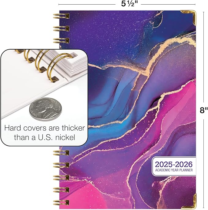 HARDCOVER Academic Year 2025-2026 Planner: (June 2025 Through July 2026) 5.5"x8" Daily Weekly Monthly Planner Yearly Agenda. Bookmark, Pocket Folder and Sticky Note Set (Pink Purple Marble)