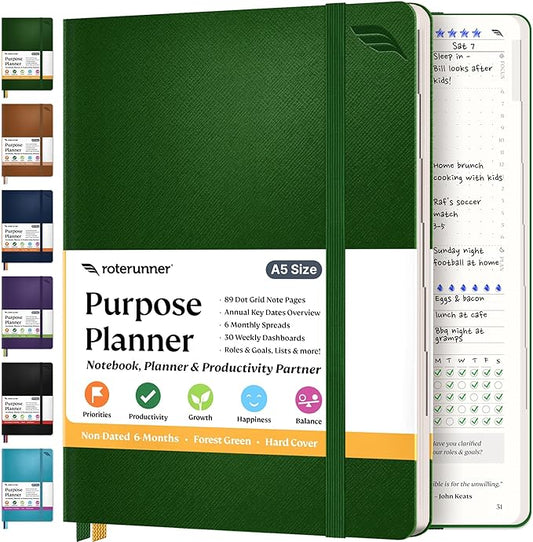 Roterunner Purpose Planner Notebook A5 5.8”x8.3” Undated 2025 Daily Weekly and Monthly Productivity Goal Setting Tool for Work Home ADHD Planner for Adults Self Care Journal (Green Hardcover)